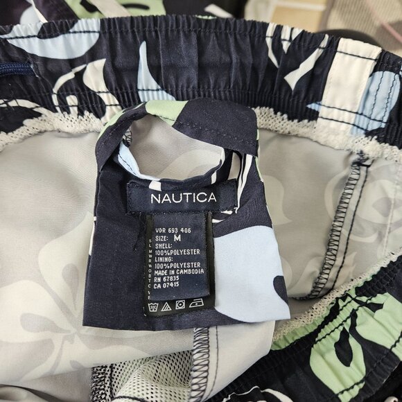 Nautica Mens Size M Floral Tropical Swim Trunks Navy & Green Mesh Lining Beach - Picture 10 of 11